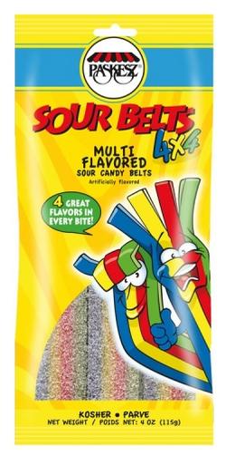 Paskesz Sour Belts 4x4 Multi Flavored Sour Candy Belts 4 oz